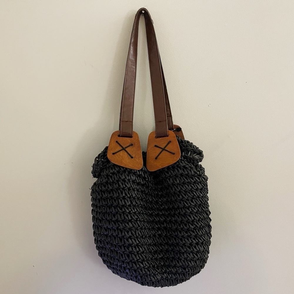 Bohemian Black Wicker Slouchy Hobo Tote Bag with Brown Accents Boho Resort